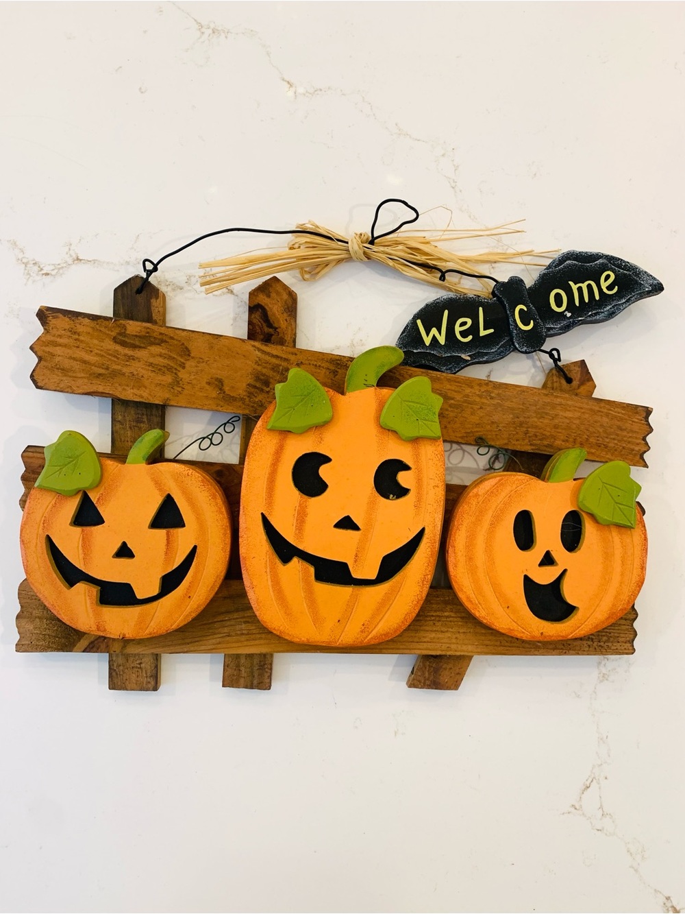 Wooden Welcome Halloween Decor Pumpkins In A Fence 10” x 14” Vintage 90’s